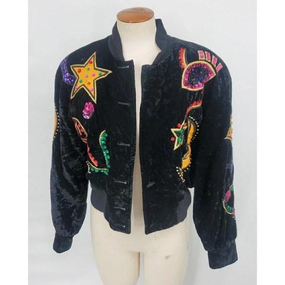 90's Escada Vintage Black Velvet Embellished Moon & Stars Bomber Jacket Size 36 - Picture 1 of 15
